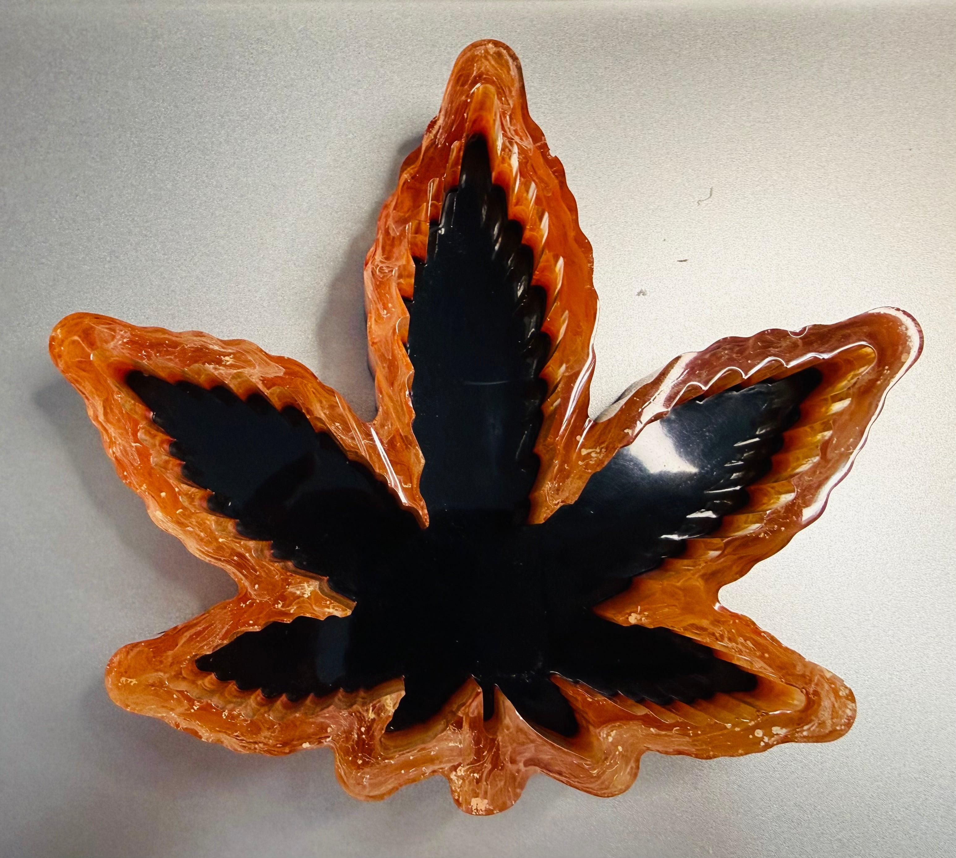Black & Amber Cannabis Leaf Resin Ashtray | Catch-All Trinket Dish