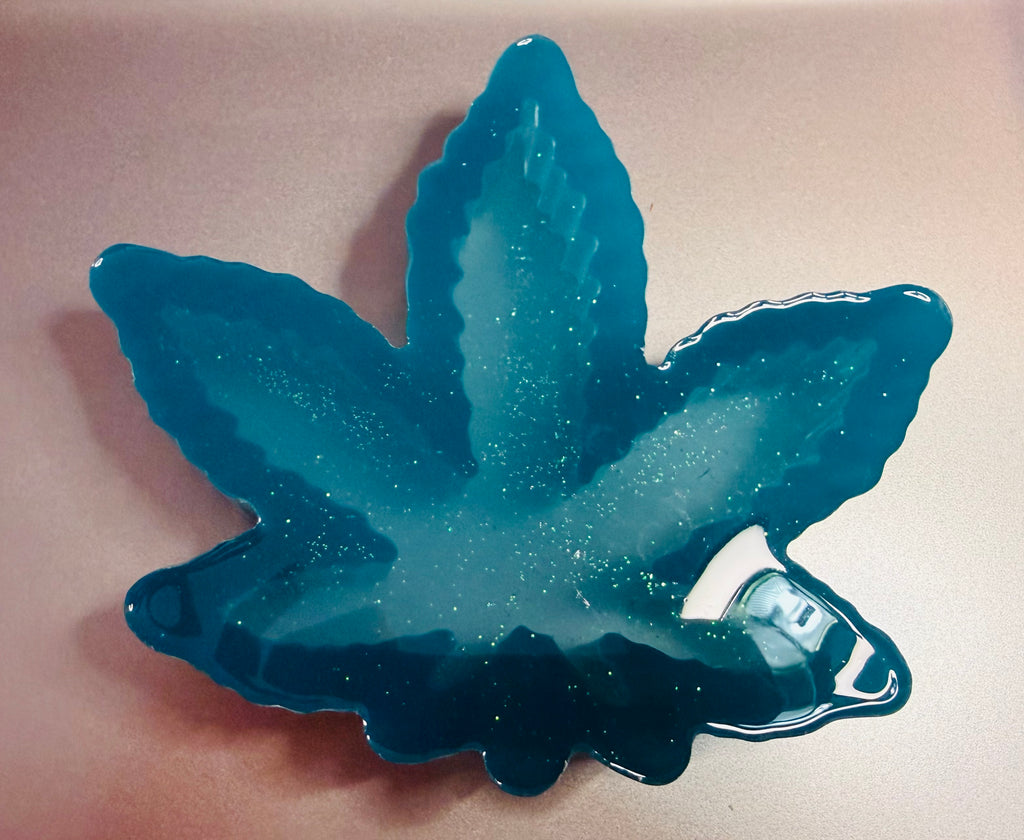 Glittery Teal Cannabis Leaf Resin Ashtray / Catch-all Trinket Dish