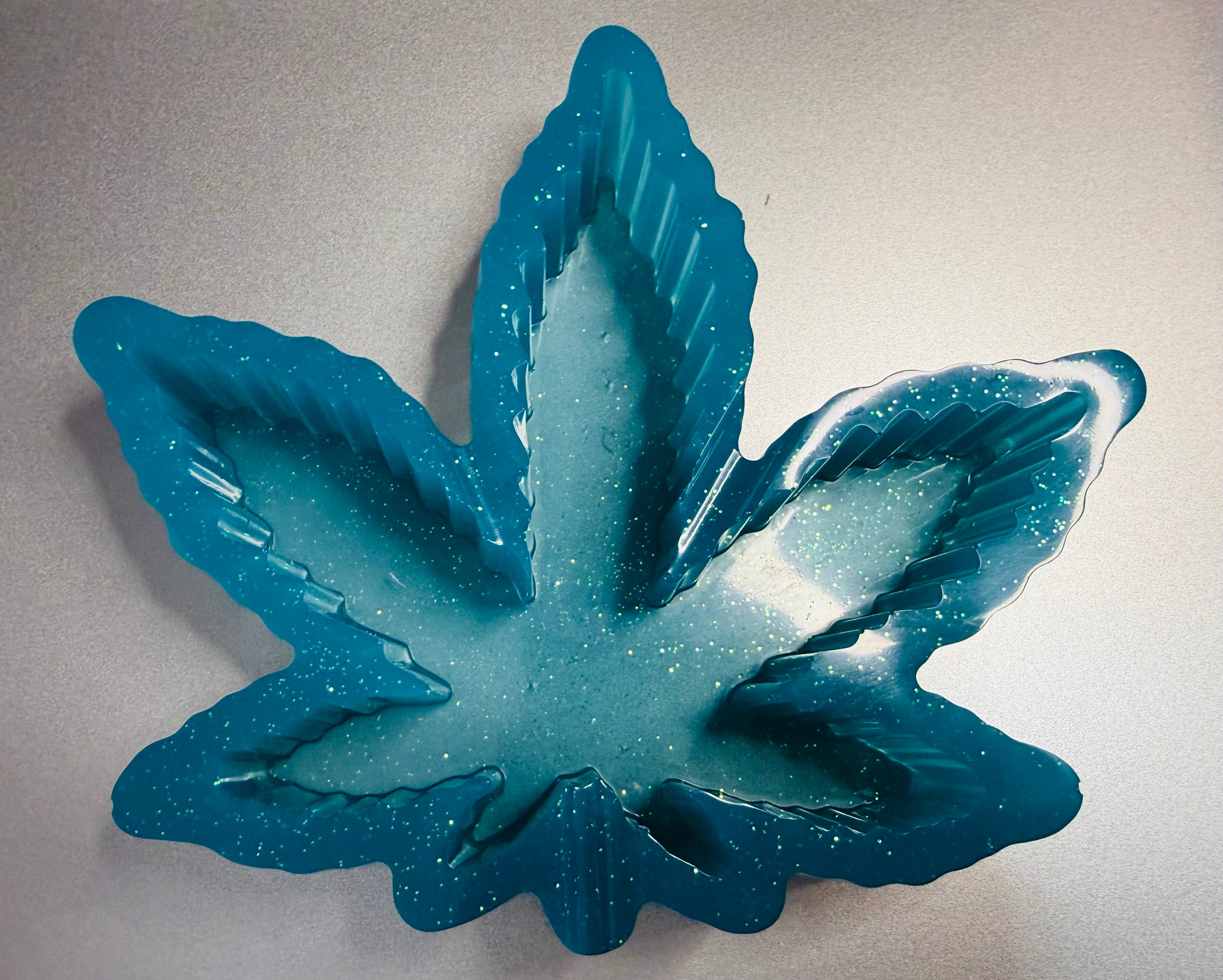 Glittery Teal Cannabis Leaf Resin Ashtray / Catch-all Trinket Dish